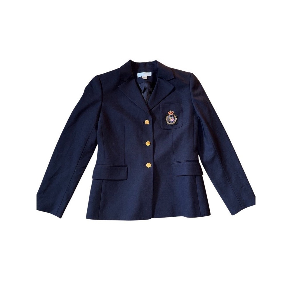 Petite Sophisticate Blazer Womens 4P Navy Stretch Knit Gold Crest wool Classic - Picture 2 of 11